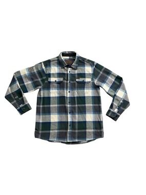 Orvis Plaid Flannel Shirt Mens Medium Blue Green Button Front Pockets